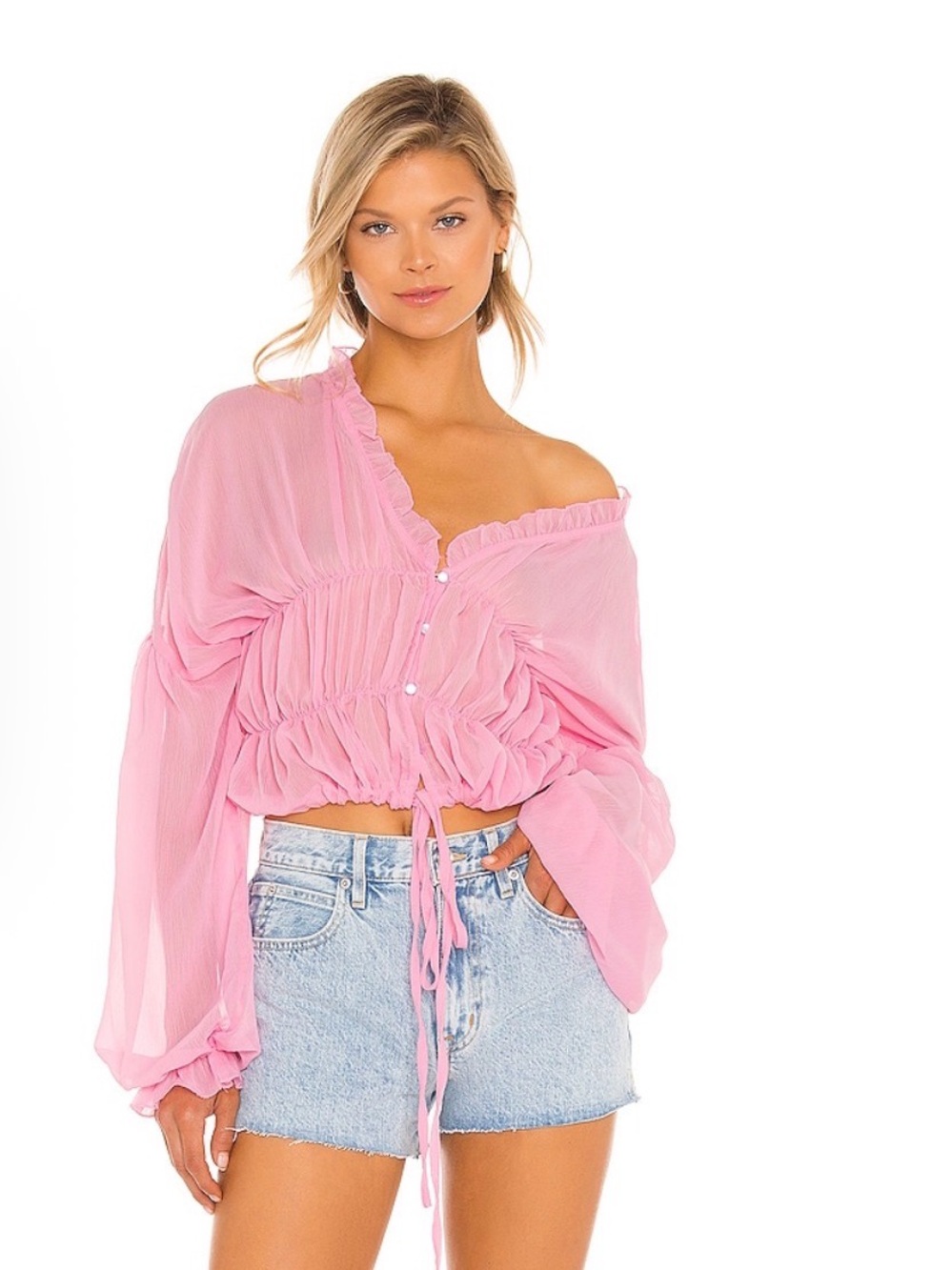 REVOLVE Pink Sheer Ruffled Drawstring Blouse - Picture 2 of 4